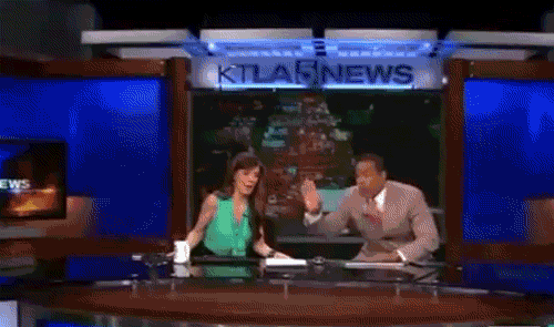 As his co-anchor Megan Henderson began to deliver a news story, Chris froze, pointed to the ceiling and yelled, “Earthquake! We’re having an earthquake!” — and then dove under his desk.